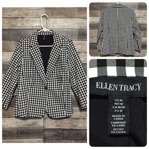 Ellen Tracy Gingham Plaid Blazer Women’s M Black White Single Button